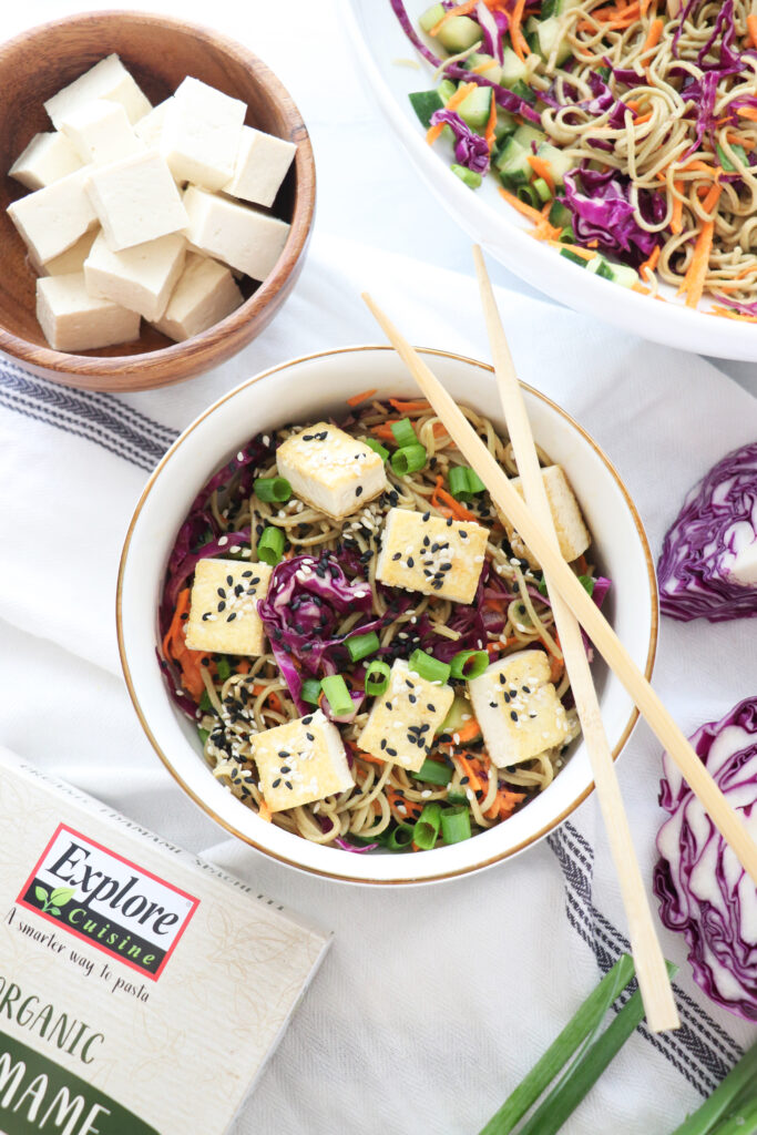 Edamame Spaghetti Noodles with purple cabbage, tofu, green onion and carrots