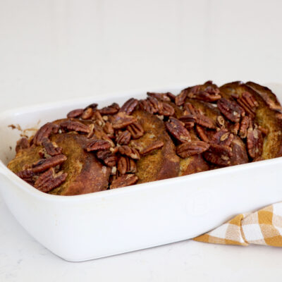 Baking dish with pumpkin pecan french toast