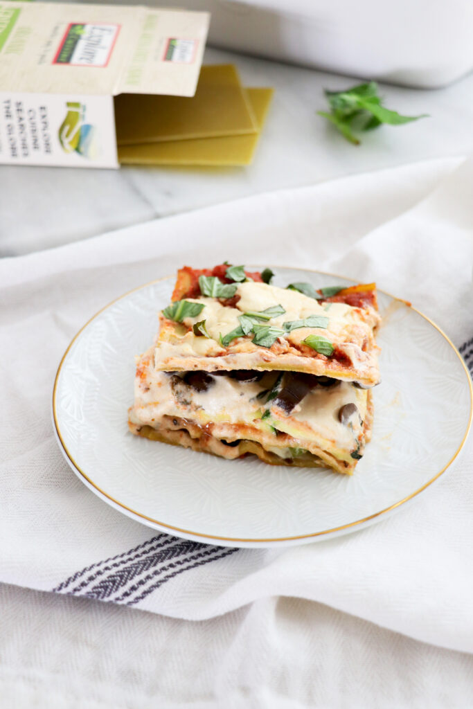 Gluten-Free Dairy-Free Lasagne on White Plate with Gold Rim