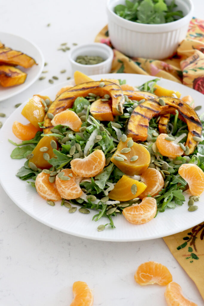 Arugula salad with oranges, golden beets and roasted squash