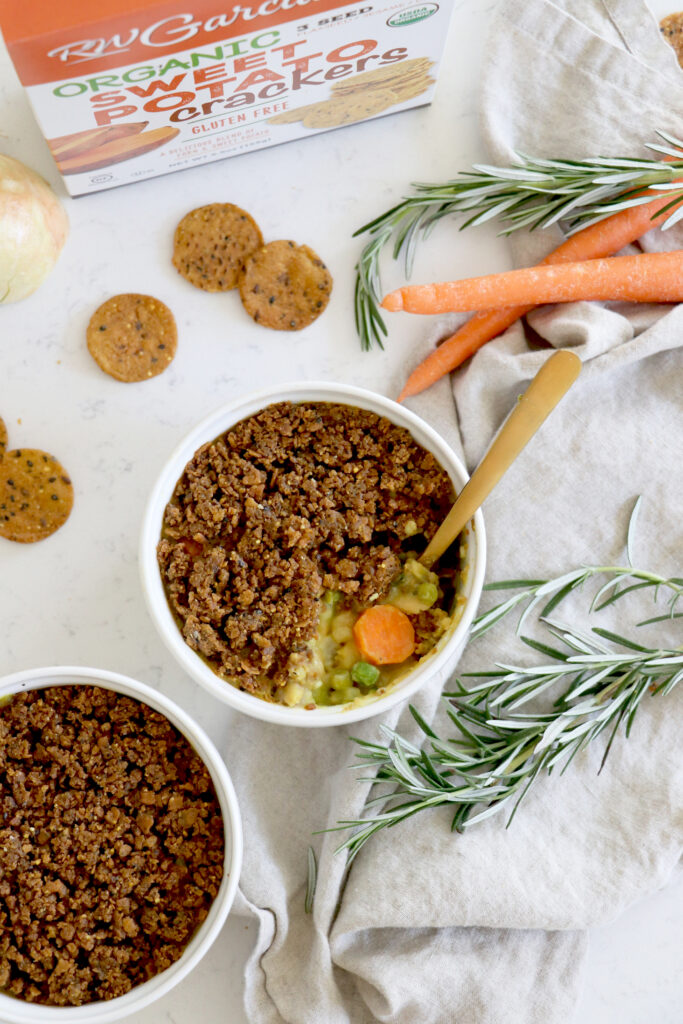Dairy-Free veggie pot pie in white dishes.