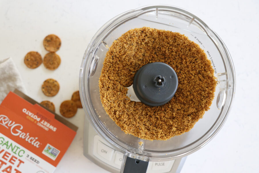 Food processor with cracker crust for veggie pot pie.